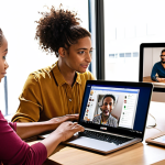**Productive Remote Team:** Diverse group collaborating on laptops in a brightly lit, modern home office setting. Focus on teamwork and efficiency, with communication tools visible (Slack, Trello).