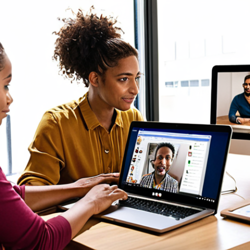 Home 4 **Productive Remote Team:** Diverse group collaborating on laptops in a brightly lit, modern home office setting. Focus on teamwork and efficiency, with communication tools visible (Slack, Trello).