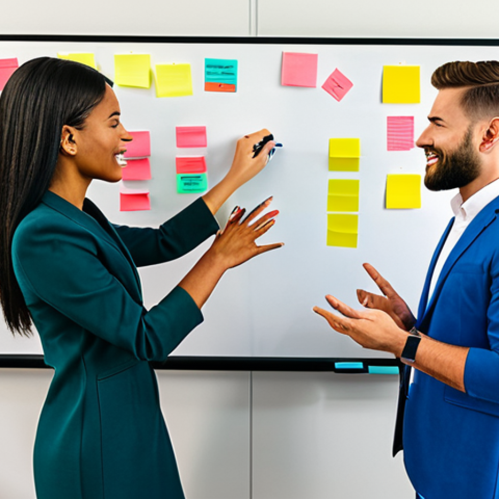 **

"A diverse team of professionals collaborating around a virtual whiteboard filled with colorful sticky notes, engaging in a brainstorming session, modern office background, fully clothed, appropriate attire, safe for work, perfect anatomy, well-formed hands, natural poses, family-friendly."

**