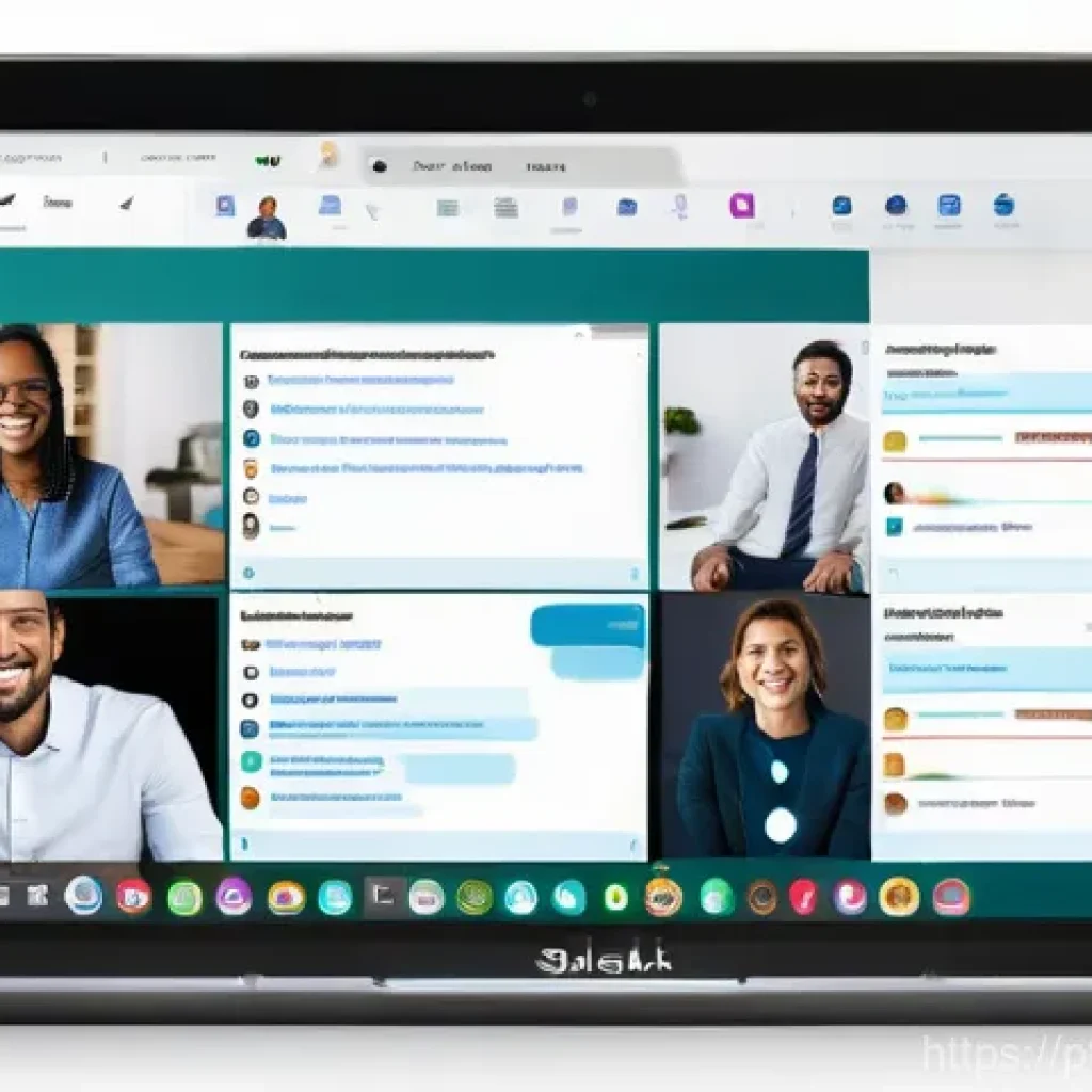 원격 근무 중 발생하는 문제 해결을 위한 도구 활용 - **Prompt:** A diverse group of remote professionals, smiling and interacting across multiple screens...