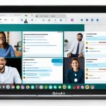 원격 근무 중 발생하는 문제 해결을 위한 도구 활용 - **Prompt:** A diverse group of remote professionals, smiling and interacting across multiple screens...