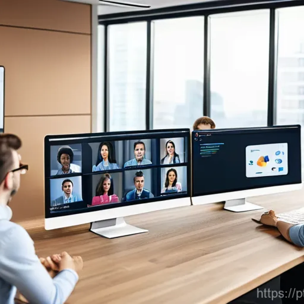 원격 협업 도구를 활용한 성과 관리 체계 구축 - **Remote Team Collaboration and Digital Trust:**
"A vibrant, high-angle, wide-shot image of a di...
