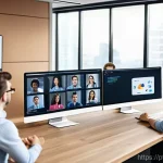 원격 협업 도구를 활용한 성과 관리 체계 구축 - **Remote Team Collaboration and Digital Trust:**
    "A vibrant, high-angle, wide-shot image of a di...