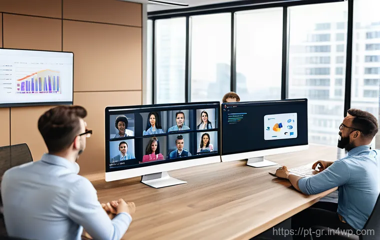 원격 협업 도구를 활용한 성과 관리 체계 구축 - **Remote Team Collaboration and Digital Trust:**
    "A vibrant, high-angle, wide-shot image of a di...