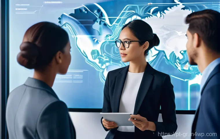 팀워크 증진을 위한 원격 협업 도구 추천 - **Prompt:** "A diverse group of professionals from different global locations collaboratively workin...