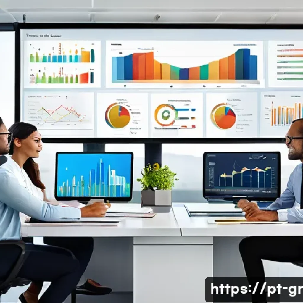 원격 협업 도구의 데이터 분석 기능 활용하기 - A modern office environment with a diverse team of professionals collaborating around a large digita...