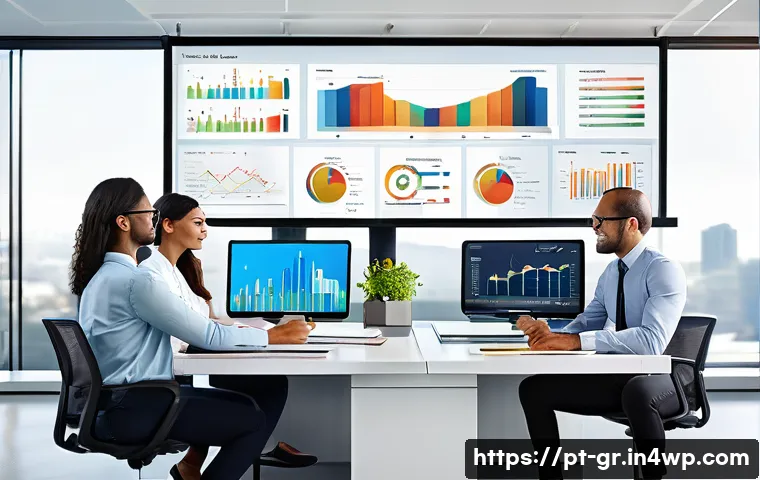 원격 협업 도구의 데이터 분석 기능 활용하기 - A modern office environment with a diverse team of professionals collaborating around a large digita...