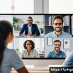 Home 22 원격 협업 도구로 팀워크 개선하기 - A modern remote work team engaged in a virtual meeting on multiple screens, diverse professionals fr...