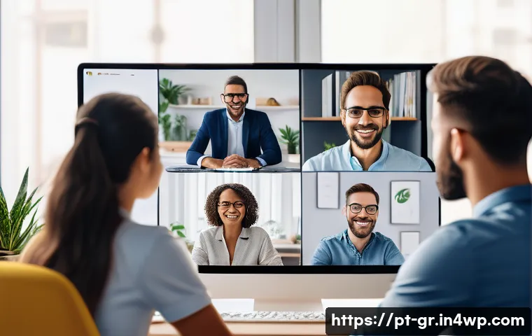 원격 협업 도구로 팀워크 개선하기 - A modern remote work team engaged in a virtual meeting on multiple screens, diverse professionals fr...