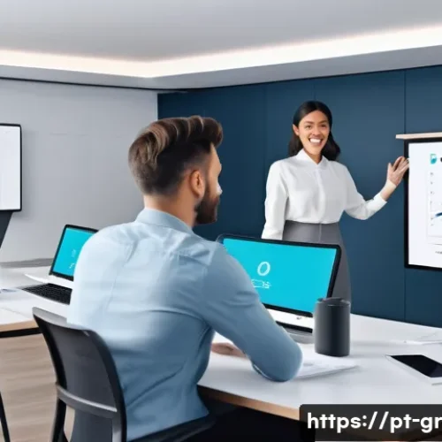 Home 33 원격 협업 도구의 발전 방향과 미래 전망 - A modern remote work team collaborating through an interactive virtual meeting room, featuring diver...