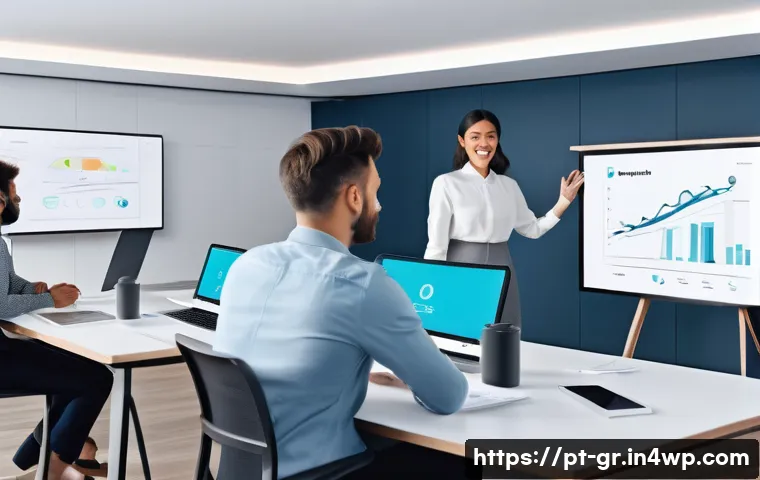 원격 협업 도구의 발전 방향과 미래 전망 - A modern remote work team collaborating through an interactive virtual meeting room, featuring diver...