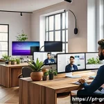 Home 19 원격 협업을 위한 필수 도구 10선 - A modern remote work team collaborating in a bright, stylish home office setting, multiple diverse p...