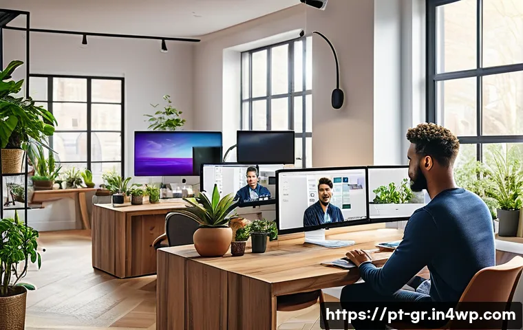 원격 협업을 위한 필수 도구 10선 - A modern remote work team collaborating in a bright, stylish home office setting, multiple diverse p...