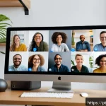 Home 23 원격 근무 환경에서의 팀 동기 부여 전략 - A diverse remote work team engaging in a lively daily virtual check-in meeting via video conference,...